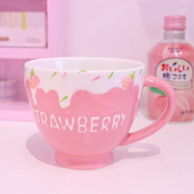 Strawberry milk mug with pink handle and strawberry drip graphic