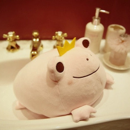 White frog plush with yellow crown, smiling embroidered face, soft rounded body