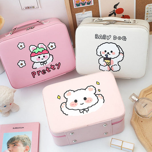 Pink kawaii animal makeup storage case with lid, front cartoon design, and handle.