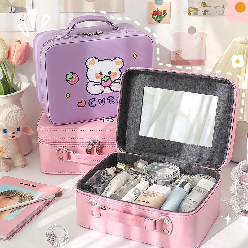 Purple kawaii animal makeup storage case with lid mirror, open top showing compartments.