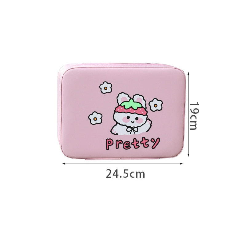 Pink kawaii animal makeup storage case with lid; product dimensions shown on a white background.