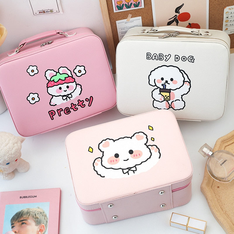 Pink, cream, and light-pink kawaii animal makeup storage cases with lid and cute cartoon prints.