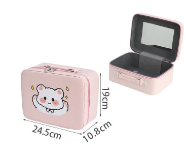 Pink kawaii animal makeup storage case with lid mirror; product size shown with measurements.