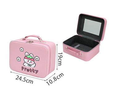 Pink kawaii animal makeup storage case with lid and mirror, cartoon bear front