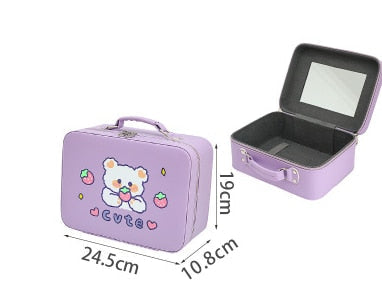 Purple kawaii animal makeup storage case with lid mirror; product size measurements shown.