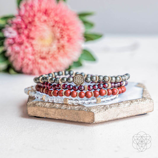 Beaded magnet bracelet set, stack of four with red, multicolor and silver beads