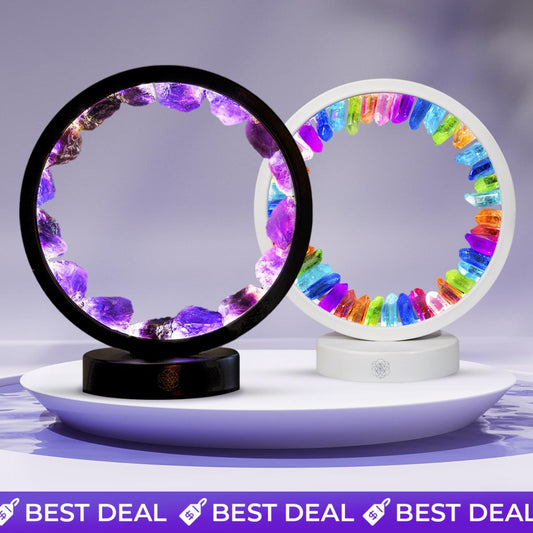 Crystal ring light lamp with purple amethyst ring, black and white bases