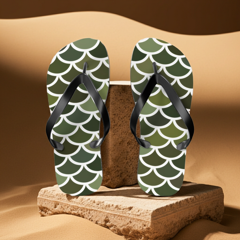 Green scale print flip flops with black straps on a stone block