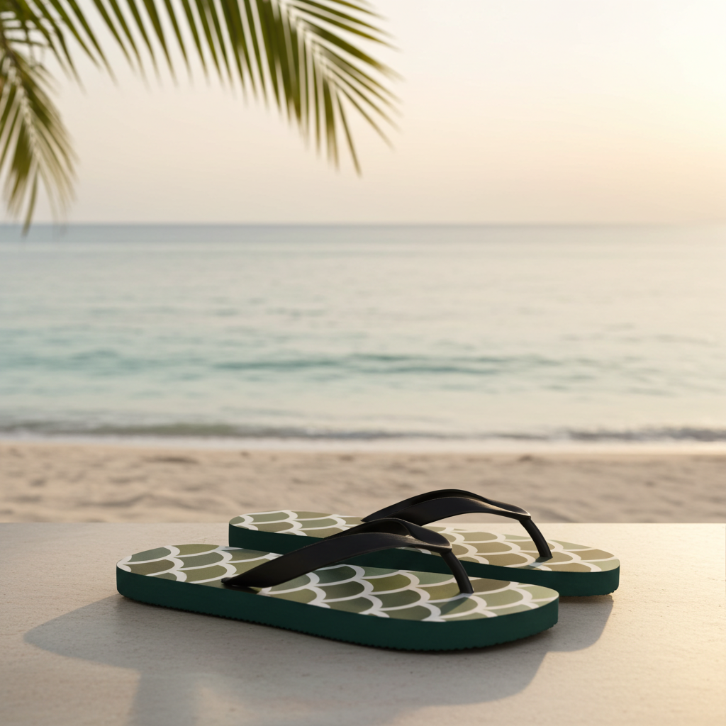 Green flip-flops with white scale pattern and black straps on a dark green sole