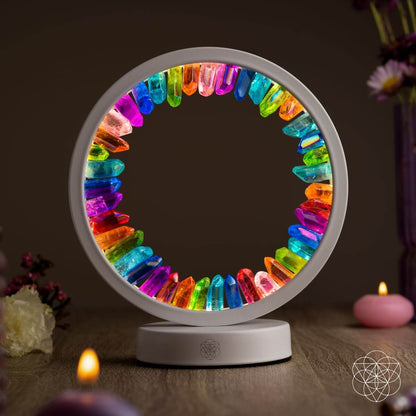 Rainbow crystal aura lamp with circular multicolor light ring on white base