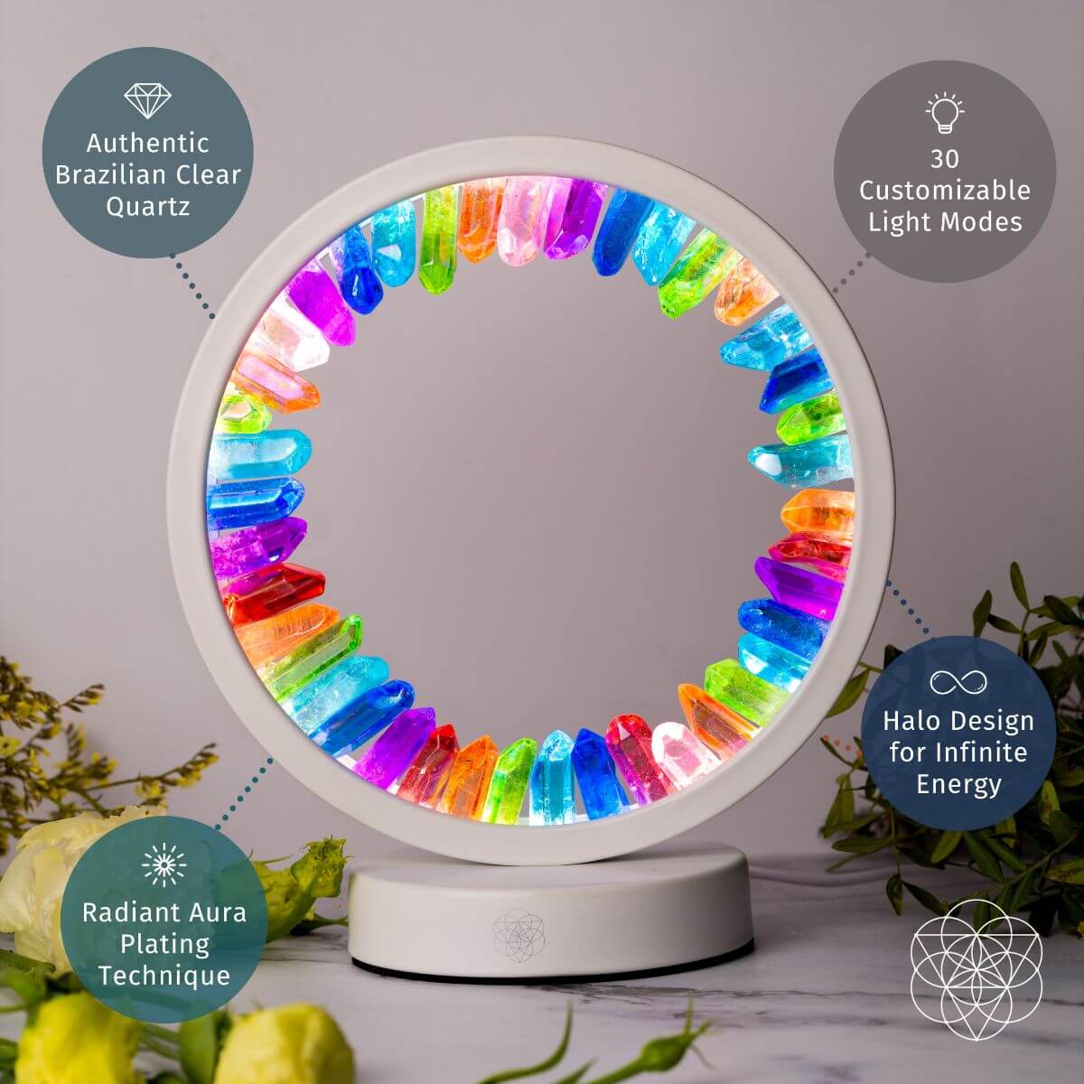 Rainbow crystal aura lamp on stand with vivid multicolor ring of light