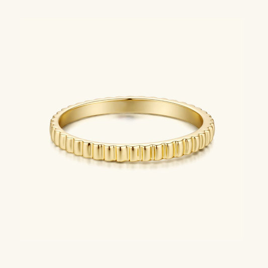 Gold filled ribbed band ring with vertical texture, polished finish.