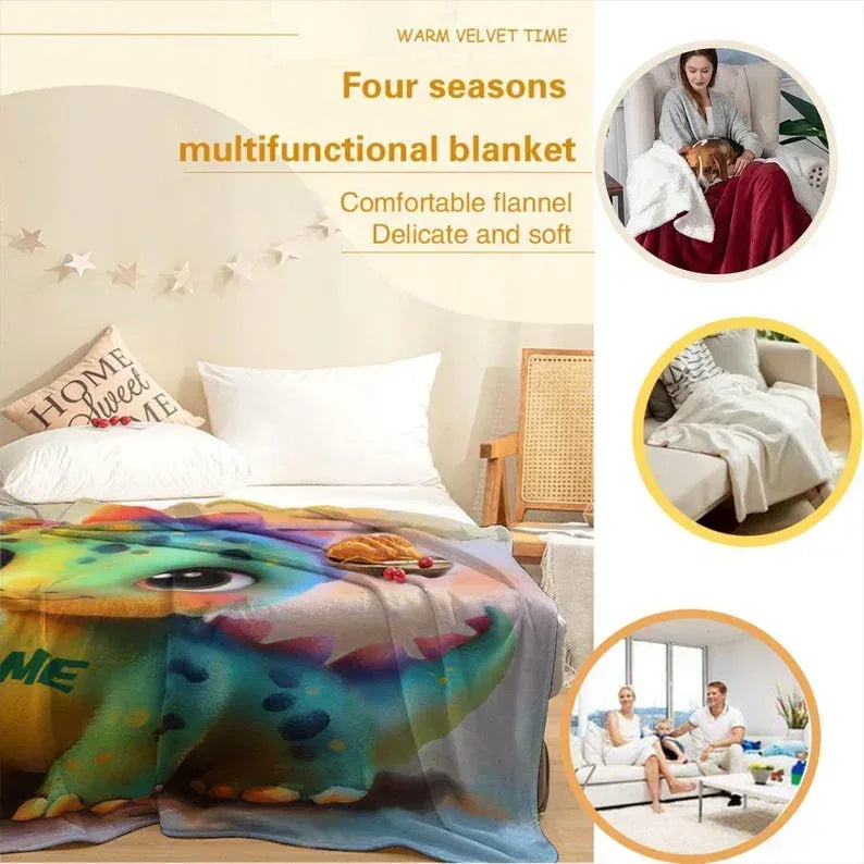 Custom Dinosaur Blanket: Rainbow Flannel Fleece Nursery Throw, Super Soft Name Gift - Dream Dragons