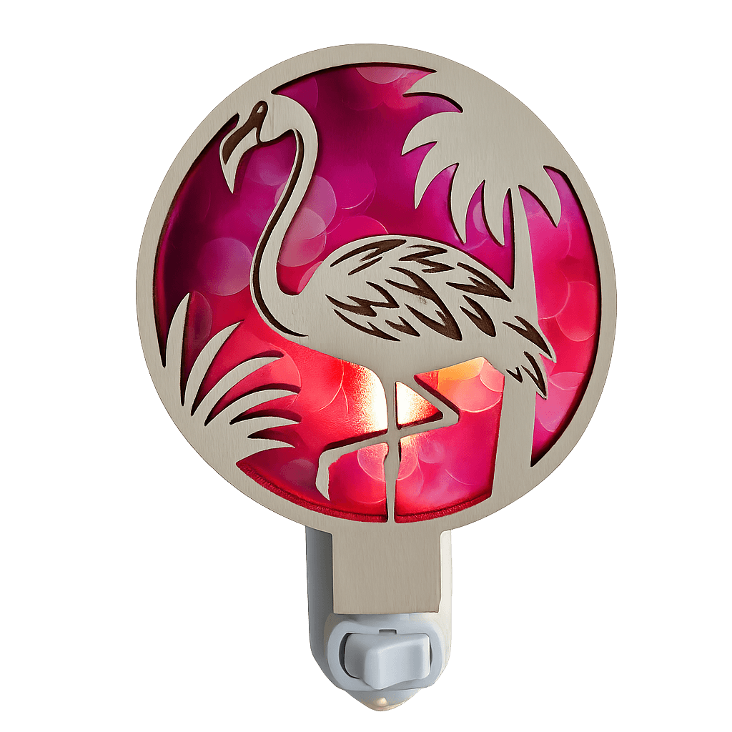 Round flamingo LED nightlight plug-in with tropical insert, pink illuminated