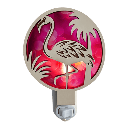 Round flamingo LED nightlight plug-in with tropical insert, pink illuminated
