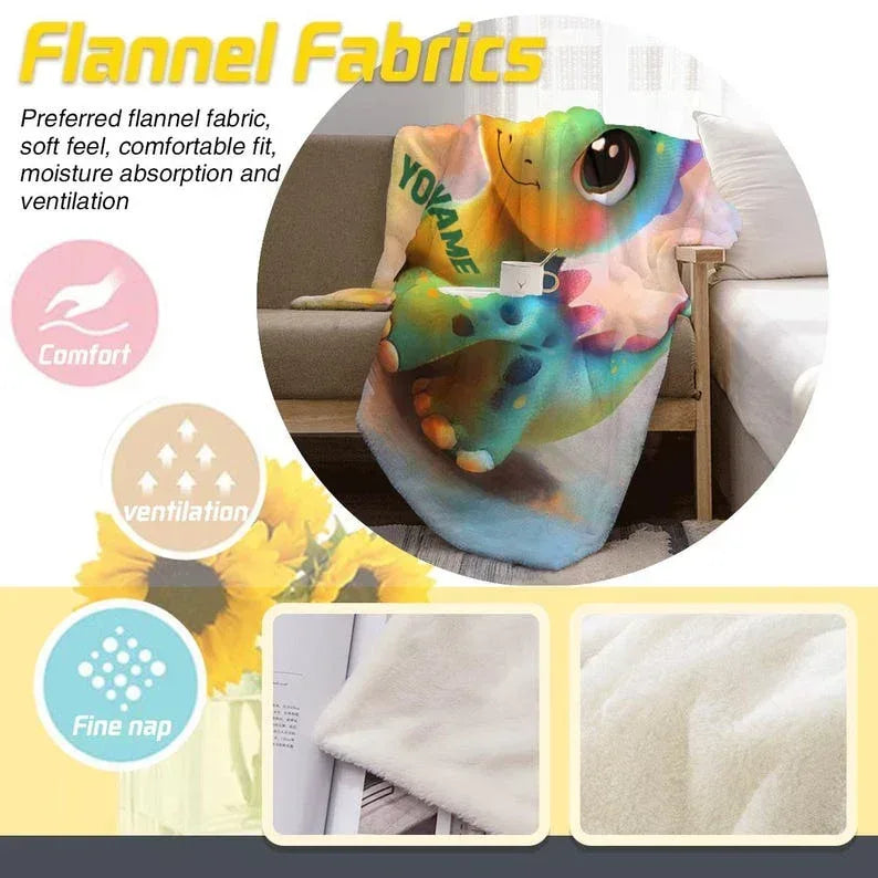 Custom Dinosaur Blanket: Rainbow Flannel Fleece Nursery Throw, Super Soft Name Gift - Dream Dragons