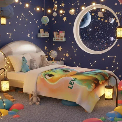 Custom Dinosaur Blanket: Rainbow Flannel Fleece Nursery Throw, Super Soft Name Gift - Dream Dragons