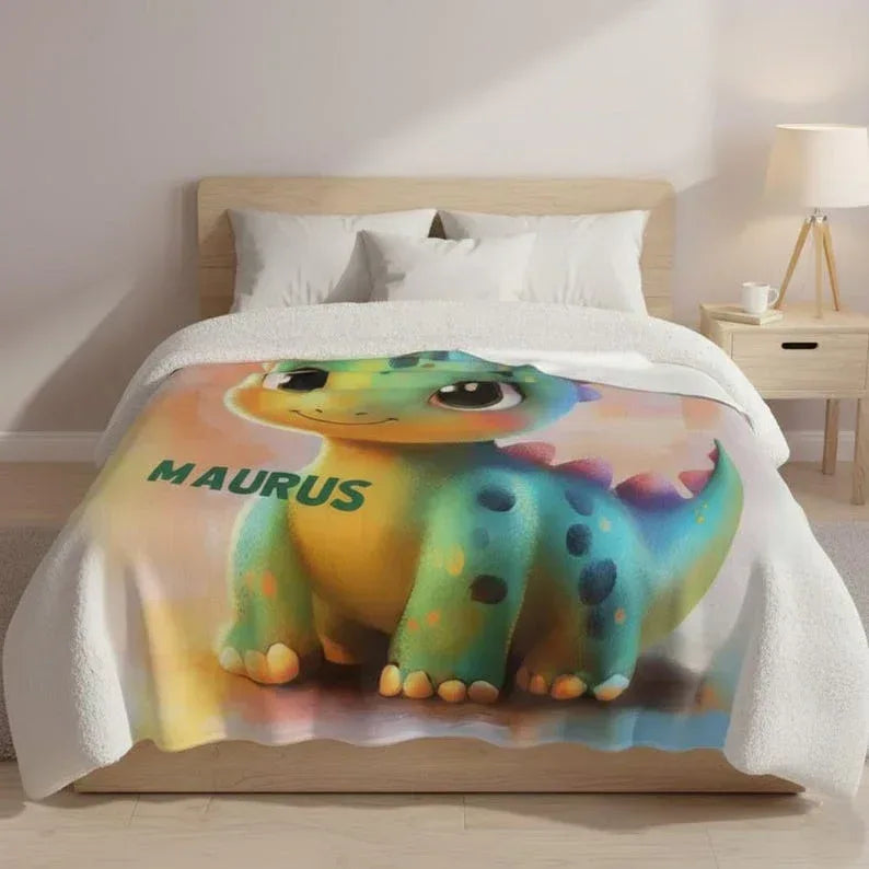 Custom Dinosaur Blanket: Rainbow Flannel Fleece Nursery Throw, Super Soft Name Gift - Dream Dragons