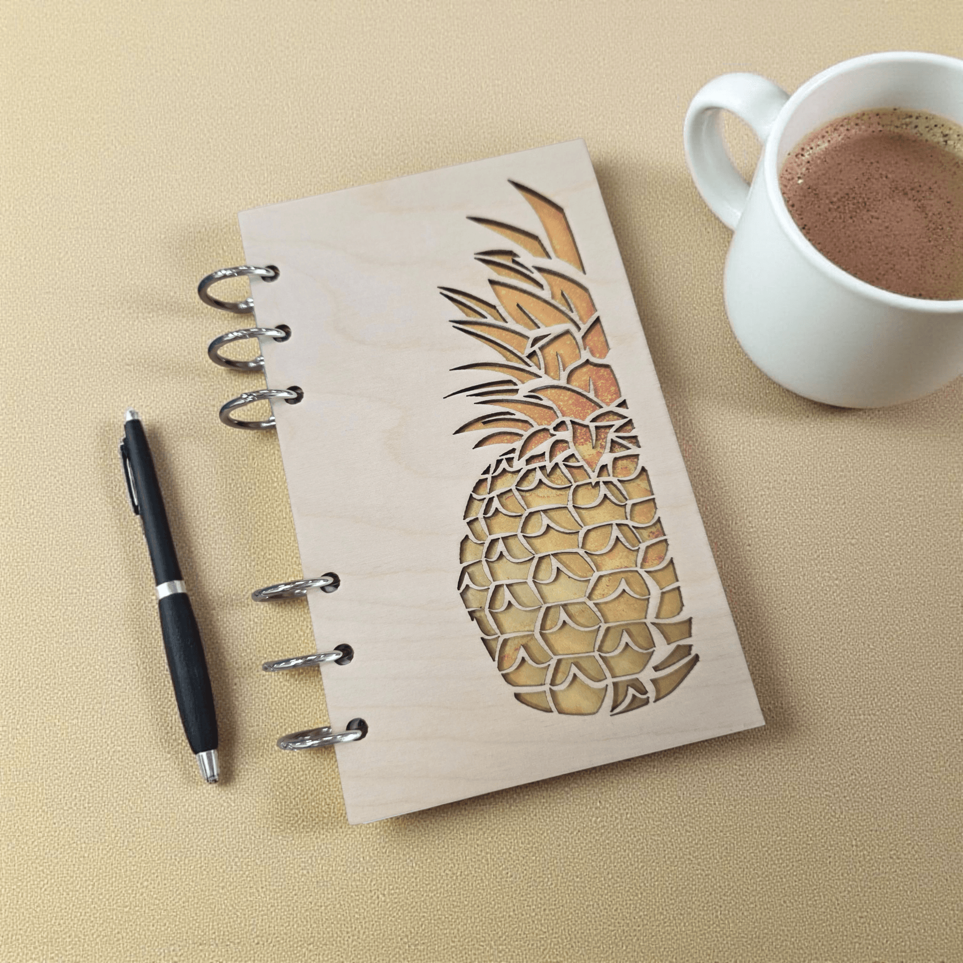 Refillable wood journal notebook with pineapple illustration and metal ring binding, A6