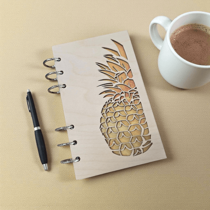 Refillable wood journal notebook with pineapple illustration and metal ring binding, A6