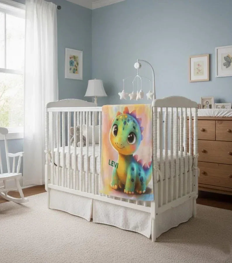 Custom Dinosaur Blanket: Rainbow Flannel Fleece Nursery Throw, Super Soft Name Gift - Dream Dragons