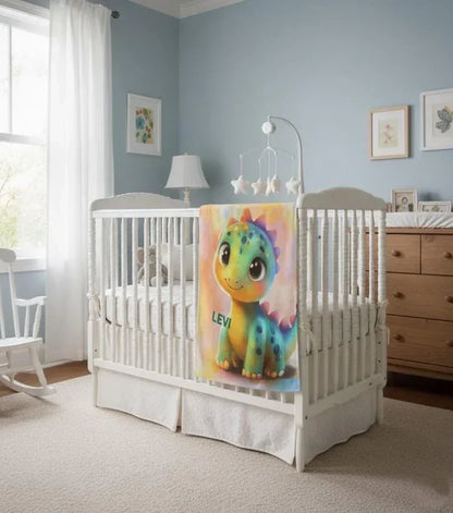 Custom Dinosaur Blanket: Rainbow Flannel Fleece Nursery Throw, Super Soft Name Gift - Dream Dragons