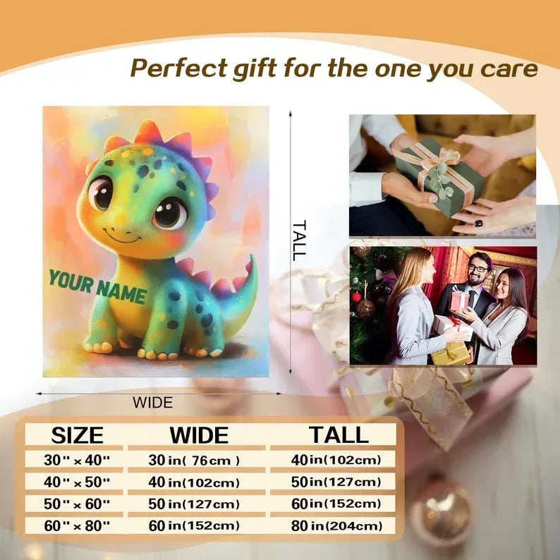 Custom Dinosaur Blanket: Rainbow Flannel Fleece Nursery Throw, Super Soft Name Gift - Dream Dragons