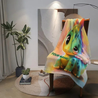 Custom Dinosaur Blanket: Rainbow Flannel Fleece Nursery Throw, Super Soft Name Gift - Dream Dragons