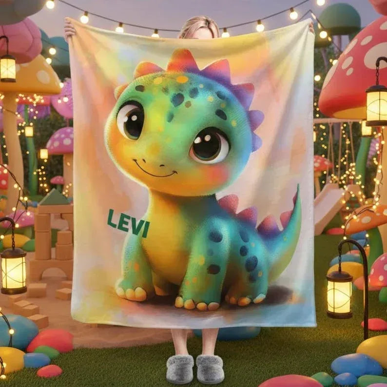 Custom Dinosaur Blanket: Rainbow Flannel Fleece Nursery Throw, Super Soft Name Gift - Dream Dragons