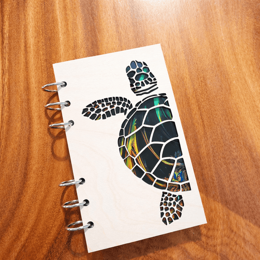 A6 refillable notebook journal, spiral rings, colorful turtle art on white cover