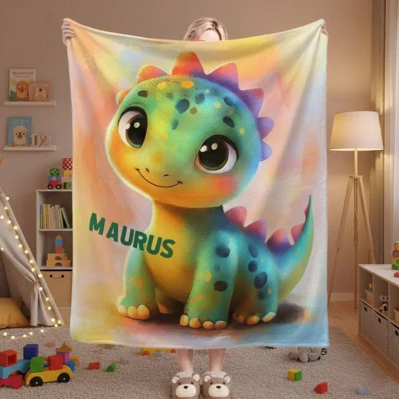 Custom Dinosaur Blanket: Rainbow Flannel Fleece Nursery Throw, Super Soft Name Gift - Dream Dragons