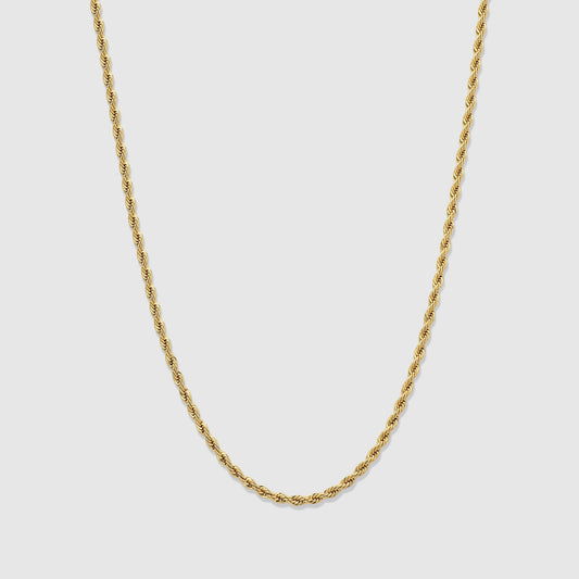 Gold 3mm diamond-cut rope chain necklace, 20-inch length, linked rope pattern