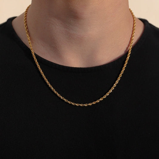 Gold 3mm diamond-cut rope chain necklace on neck, 20-inch length, close-up