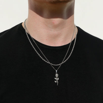 Silver rope chain necklace set with rose pendant, layered twin chains
