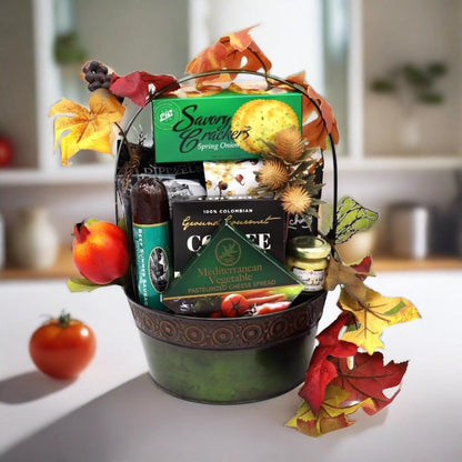 Green snack basket with crackers, coffee, cheese spread, and dipping pretzels