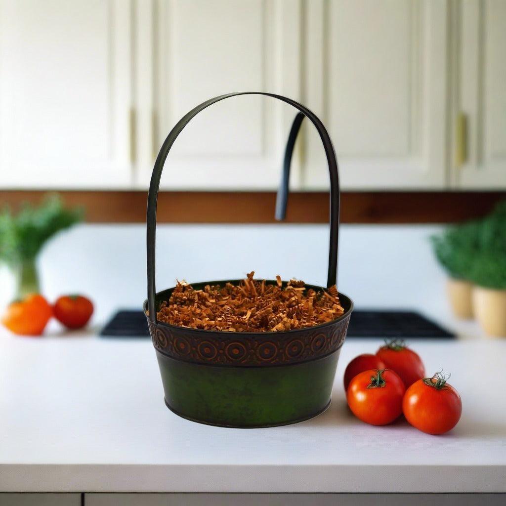 Green handled gift basket with shredded filler
