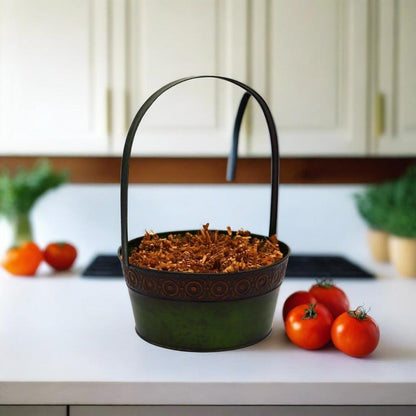 Green handled gift basket with shredded filler