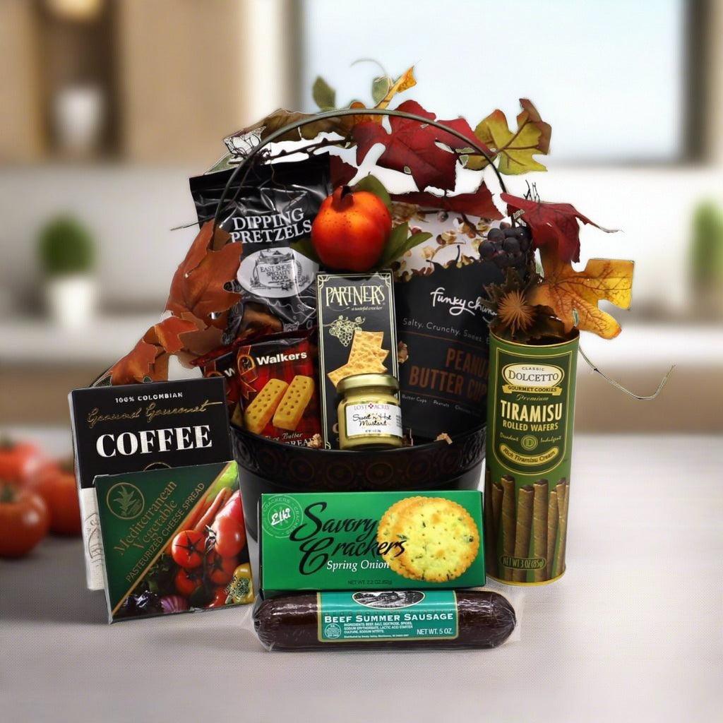 Snack gift basket filled with pretzels, cheese spread, coffee, crackers, sausage, and wafers
