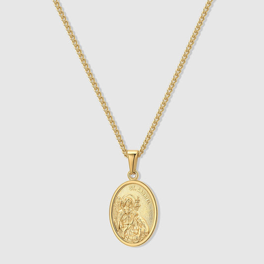 Gold oval medallion pendant necklace with embossed saint figure on a chain