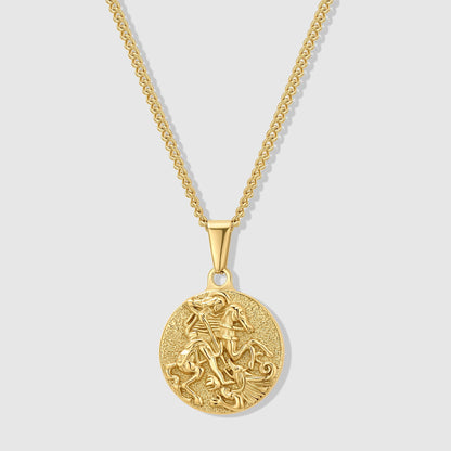 Gold coin pendant necklace with round St. George medal on link chain