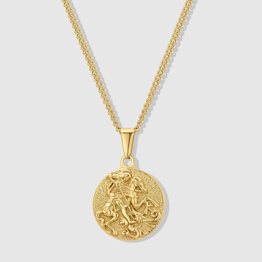 Gold coin pendant necklace with round St. George medal on link chain