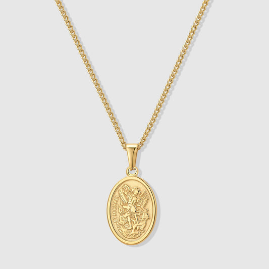 Gold Saint Michael medal necklace with oval pendant on link chain, 20.8-inch length