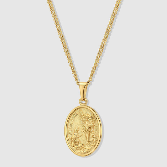 Gold oval pendant necklace with Saint Raphael medallion on a chain