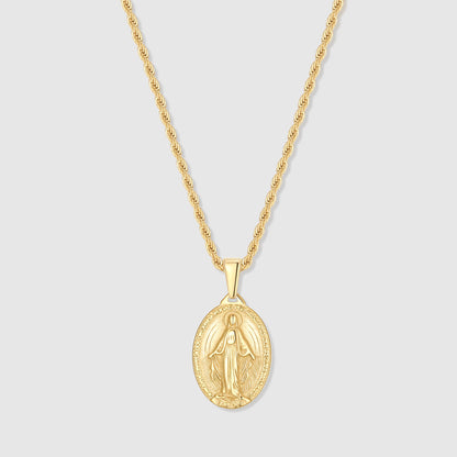 Gold Saint Mary oval pendant necklace on chain, close-up view
