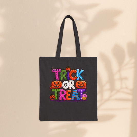 Trick or Treat Halloween Cotton Canvas Tote Bag – Bold Colourful Typography Design | Natural & Black | 15” × 16” | Fun Halloween Trick or Treat Bag