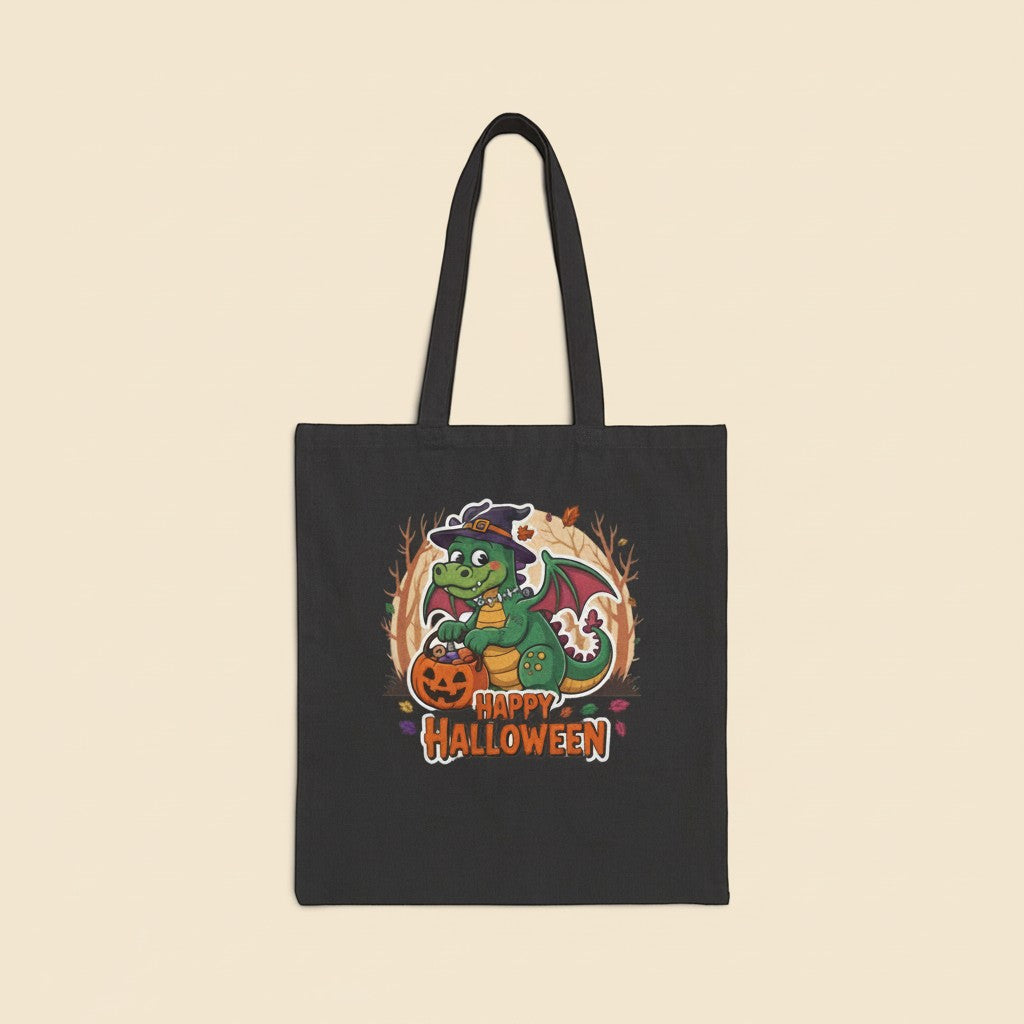 Happy Halloween Dragon Cotton Canvas Tote Bag – Cute Baby Dragon with Jack-O-Lantern | Natural & Black | 15” × 16” | Dragon Lover Halloween Gift