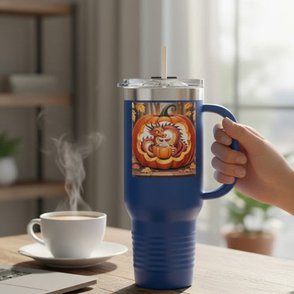 40oz insulated travel mug, navy blue with dragon pumpkin graphic and side handle