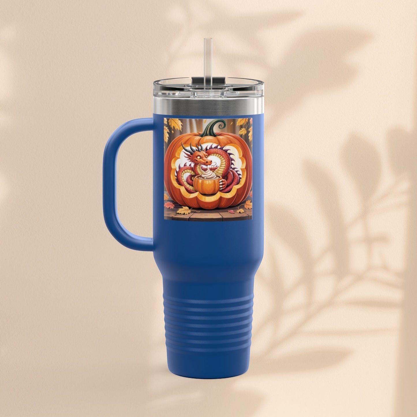 40oz insulated travel mug, royal blue with dragon pumpkin graphic and flat front