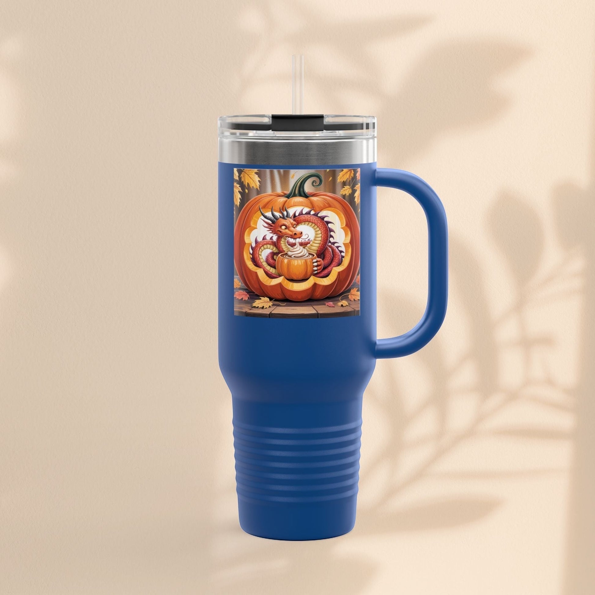 40oz insulated travel mug, royal blue with dragon pumpkin graphic and side handle