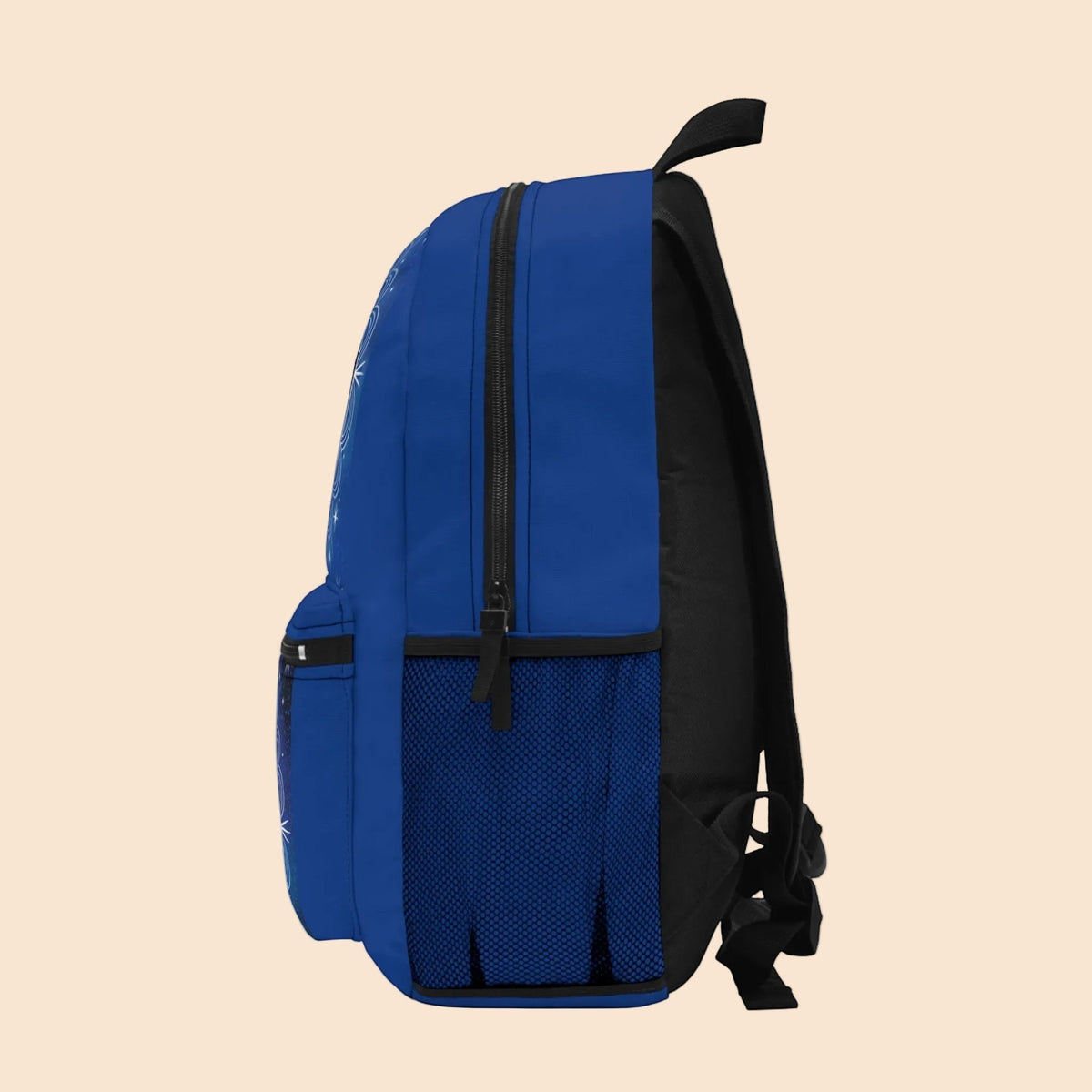 Blue dragon yin-yang backpack side view with black straps and mesh panel pocket